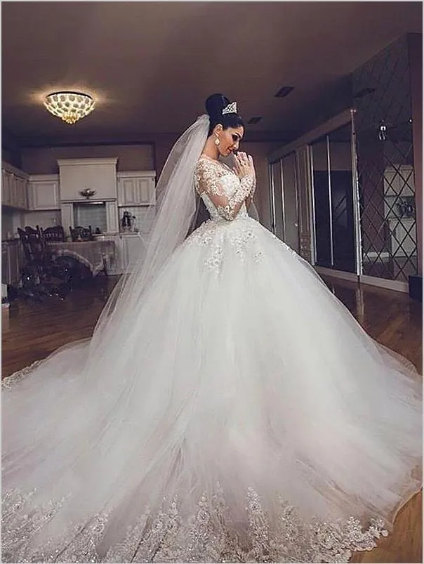 Tulle Long Sleeves V-neck Court Train Wedding Dresses Ball Gown
