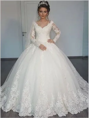 Tulle V-neck Long Sleeves Wedding Dresses Court Train Ball Gown