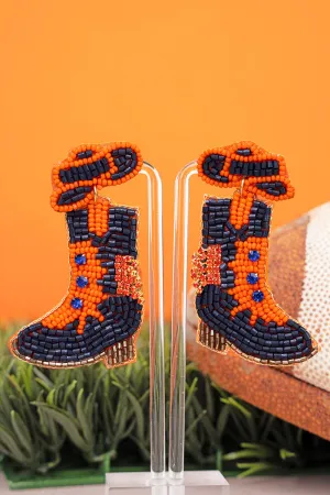 Twirling Into Gameday Orange and Navy Boots Seed Bead Earrings