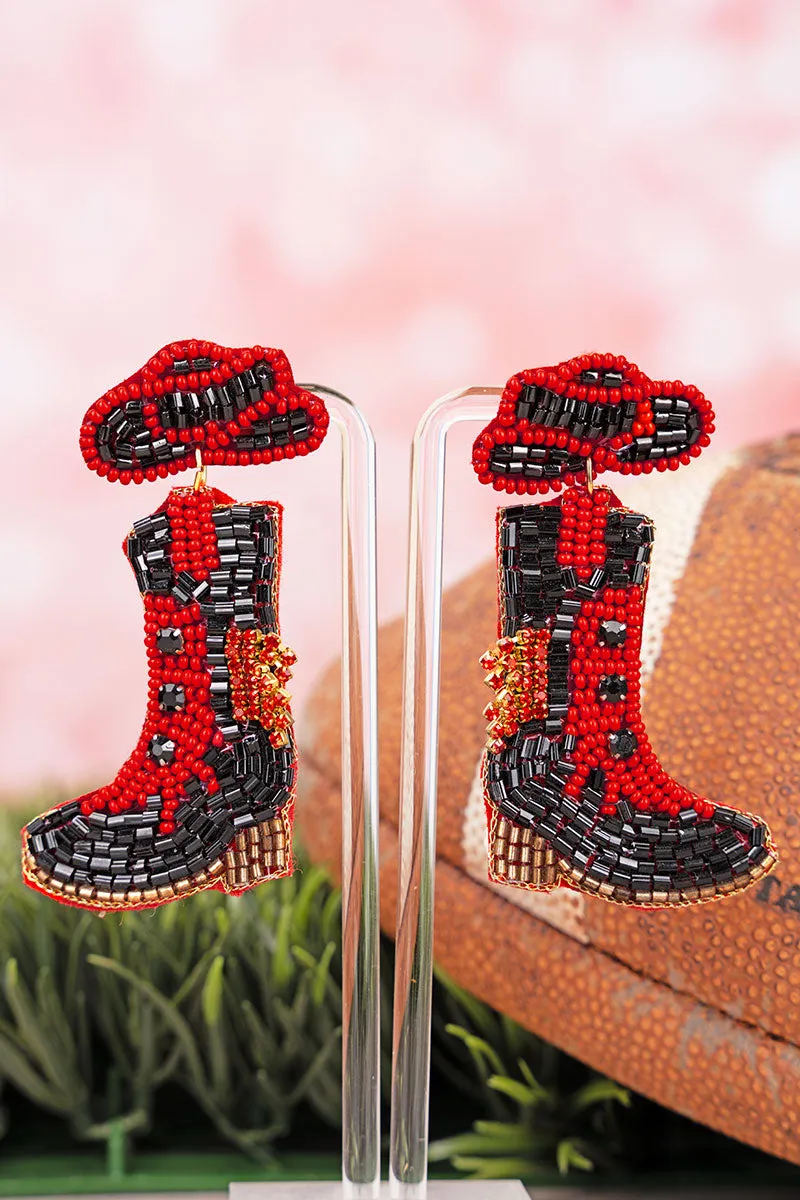 Twirling Into Gameday Red and Black Boots Seed Bead Earrings