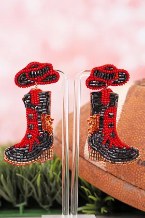 Twirling Into Gameday Red and Black Boots Seed Bead Earrings