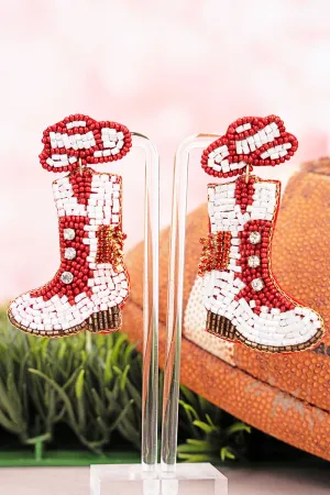 Twirling Into Gameday Red and White Boots Seed Bead Earrings