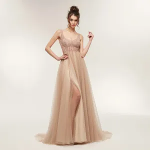 V Neck Heavy Beads Evening Gowns For Women Prom Dresses Champagne Evening Dresses
