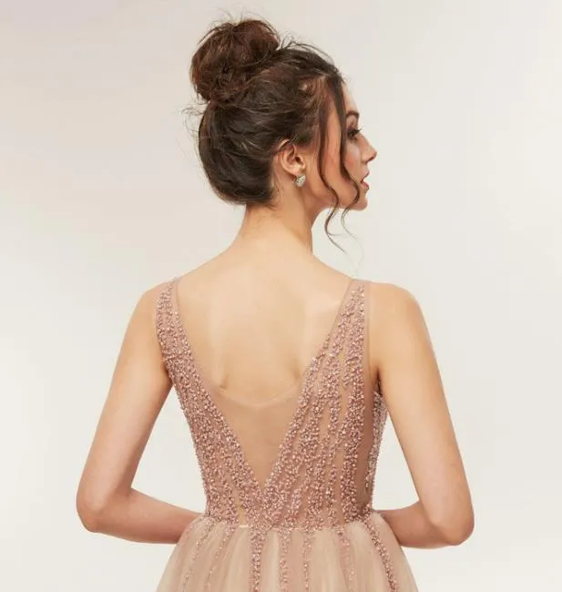 V Neck Heavy Beads Evening Gowns For Women Prom Dresses Champagne Evening Dresses