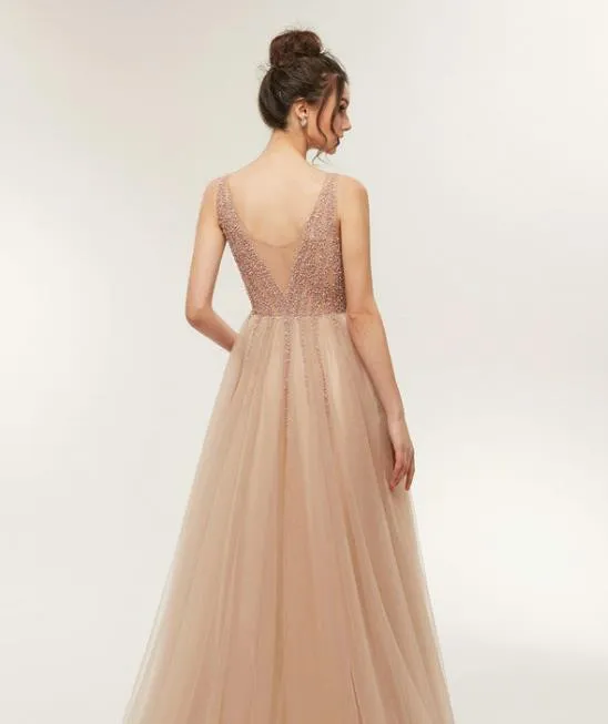 V Neck Heavy Beads Evening Gowns For Women Prom Dresses Champagne Evening Dresses