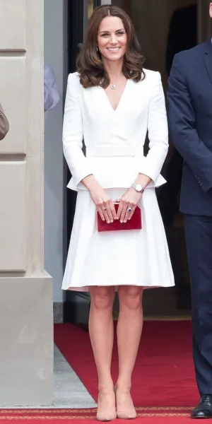 White Princess Kate Middleton Peplum V Neck Long Sleeves Dress Knee Length Prom Celebrity Dress Poland Tour