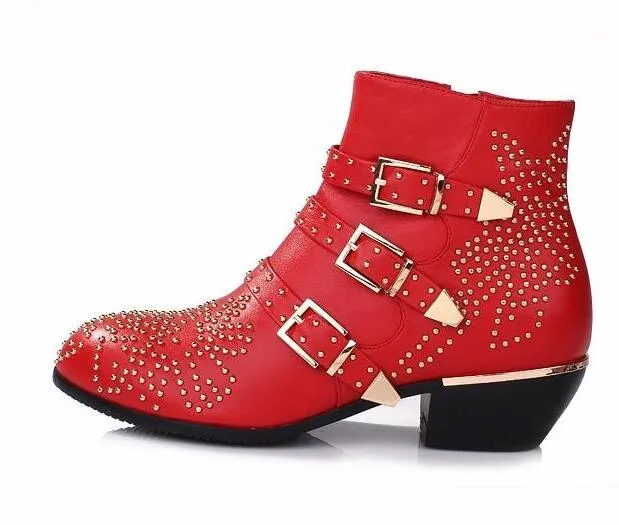 Women Heels Studded Boots Round Toe Side Zipper Shoes