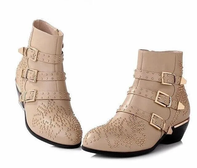 Women Heels Studded Boots Round Toe Side Zipper Shoes
