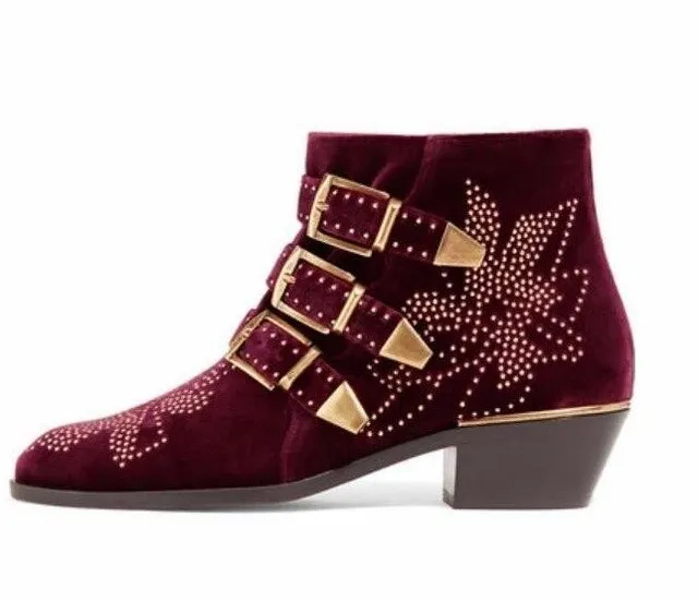 Women Heels Studded Boots Round Toe Side Zipper Shoes
