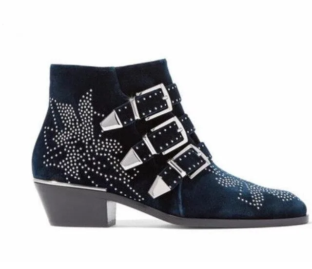 Women Heels Studded Boots Round Toe Side Zipper Shoes
