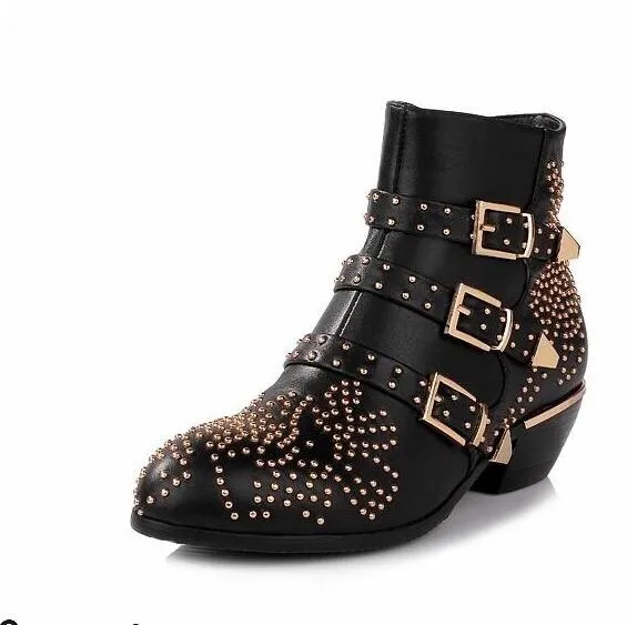 Women Heels Studded Boots Round Toe Side Zipper Shoes