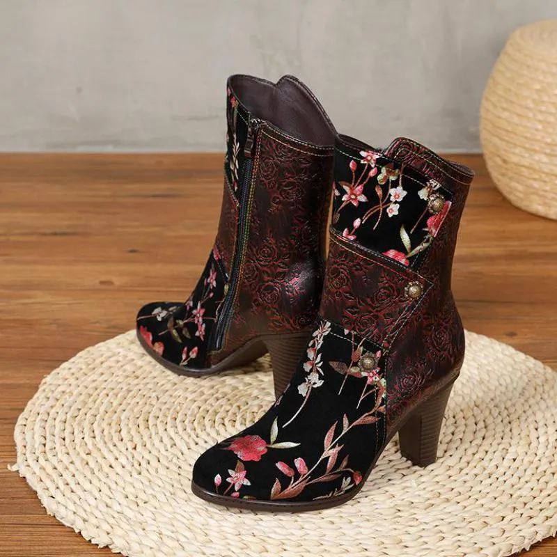Women  Print Cloth Mixed Colors Zip Handmade Platform Boots