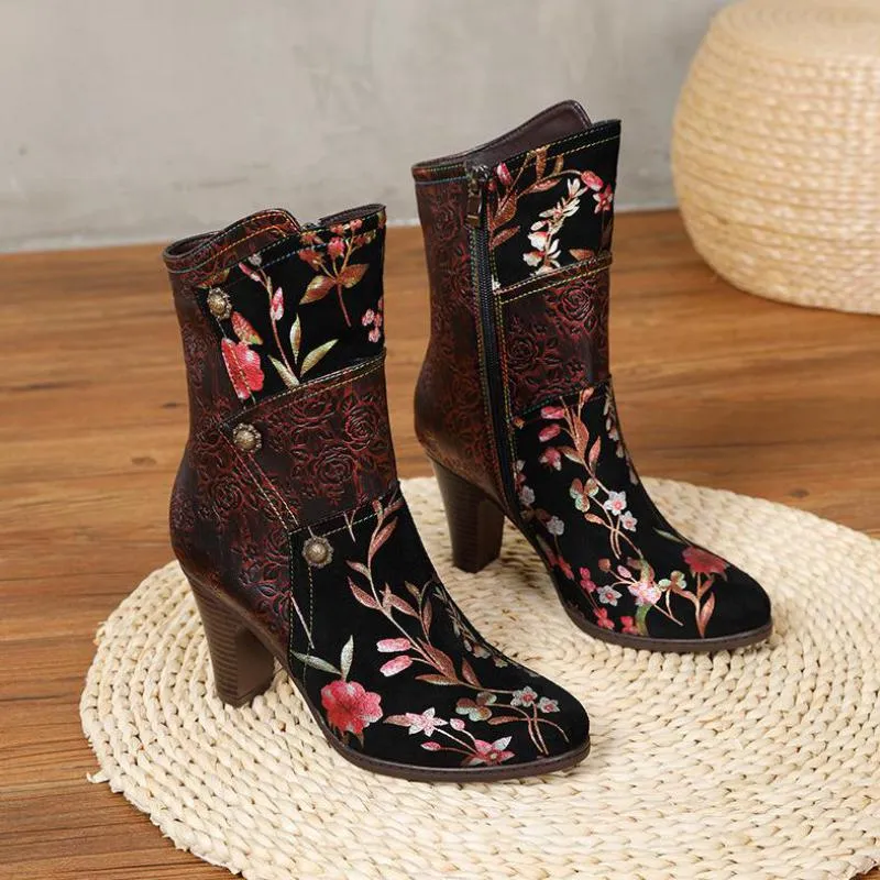 Women  Print Cloth Mixed Colors Zip Handmade Platform Boots