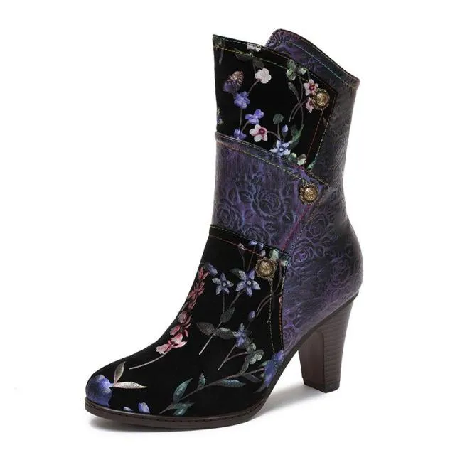 Women  Print Cloth Mixed Colors Zip Handmade Platform Boots