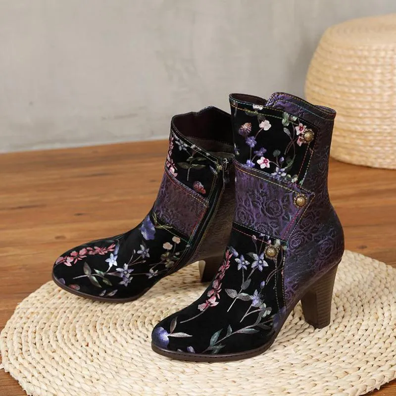 Women  Print Cloth Mixed Colors Zip Handmade Platform Boots