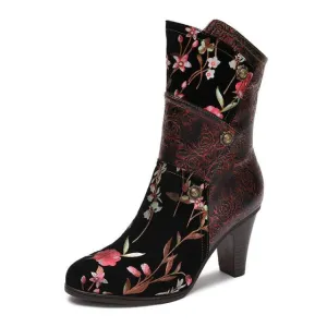 Women  Print Cloth Mixed Colors Zip Handmade Platform Boots