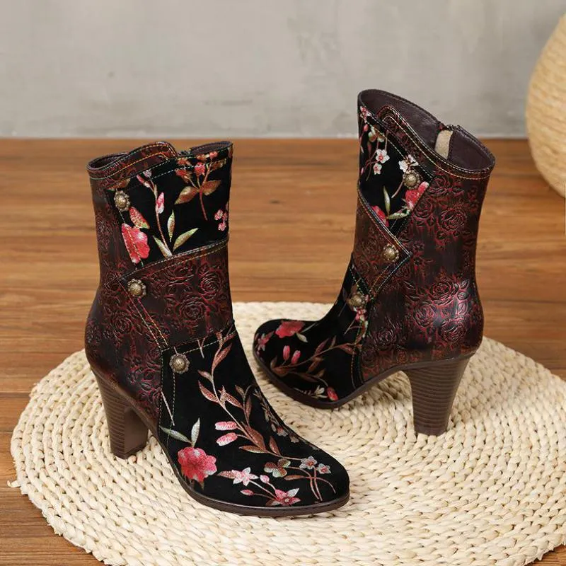Women  Print Cloth Mixed Colors Zip Handmade Platform Boots