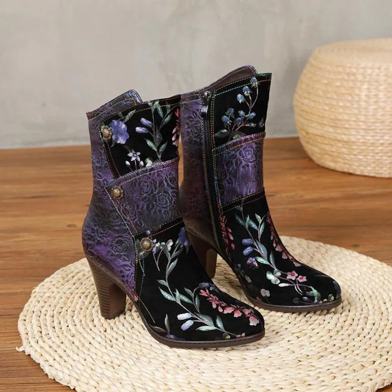 Women  Print Cloth Mixed Colors Zip Handmade Platform Boots