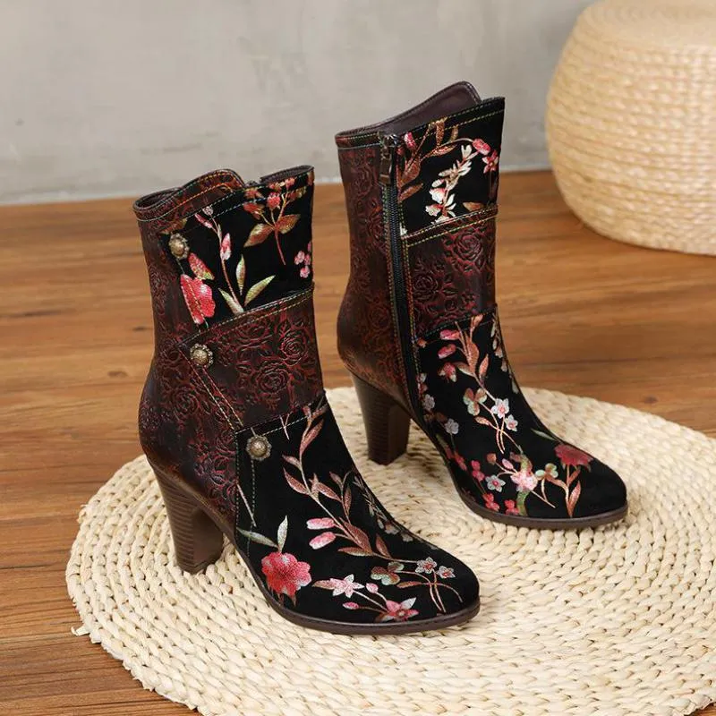 Women  Print Cloth Mixed Colors Zip Handmade Platform Boots
