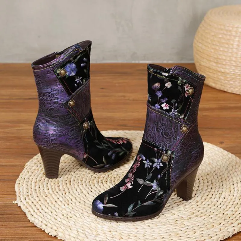 Women  Print Cloth Mixed Colors Zip Handmade Platform Boots