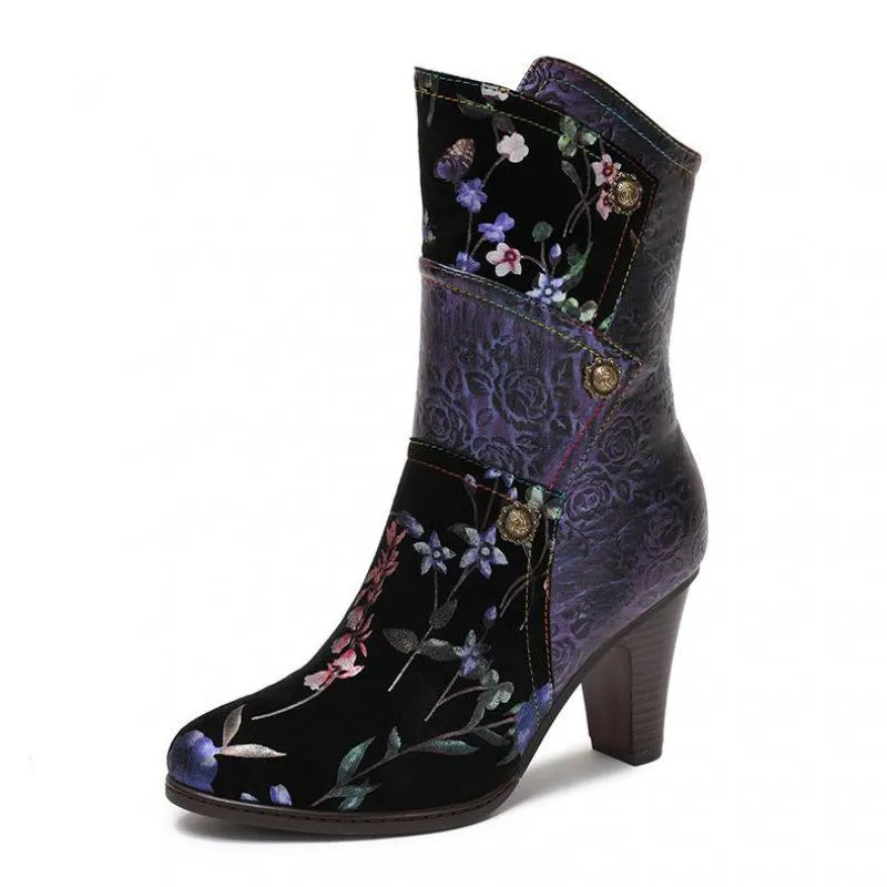 Women  Print Cloth Mixed Colors Zip Handmade Platform Boots
