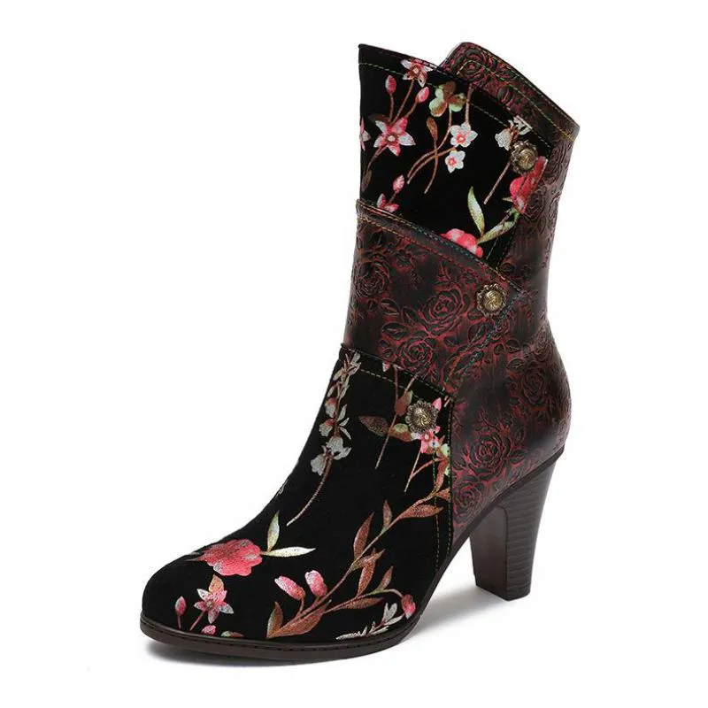 Women  Print Cloth Mixed Colors Zip Handmade Platform Boots