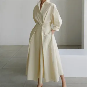 Women's Pleated Long Elegant Dress Turn Down Collar Long Sleeve Loose Fit Midi Dress