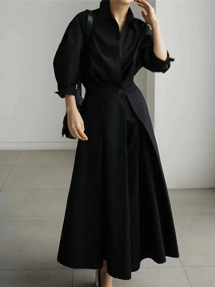 Women's Pleated Long Elegant Dress Turn Down Collar Long Sleeve Loose Fit Midi Dress