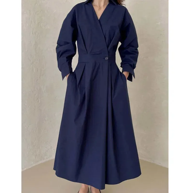 Women's Pleated Long Elegant Dress Turn Down Collar Long Sleeve Loose Fit Midi Dress