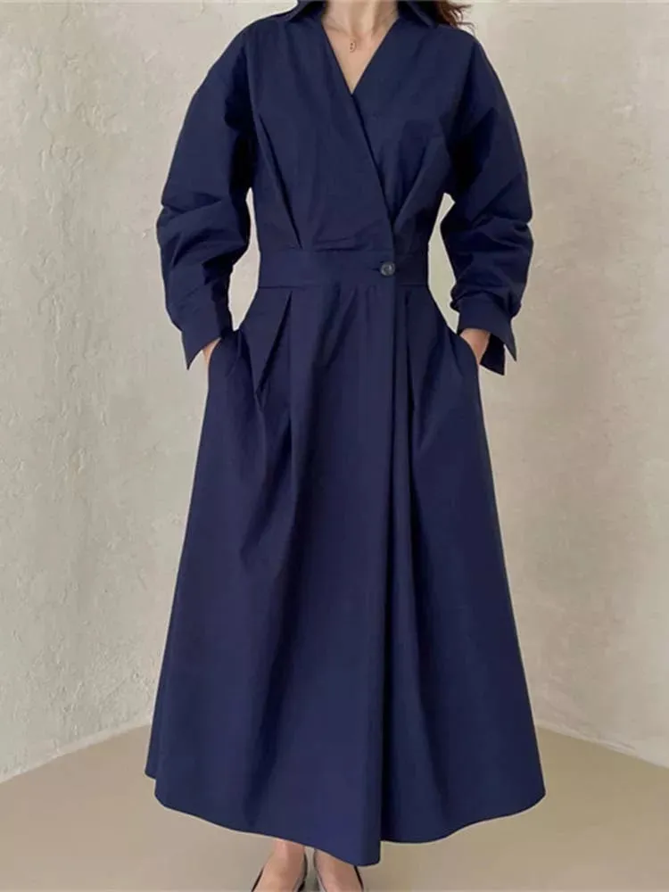Women's Pleated Long Elegant Dress Turn Down Collar Long Sleeve Loose Fit Midi Dress