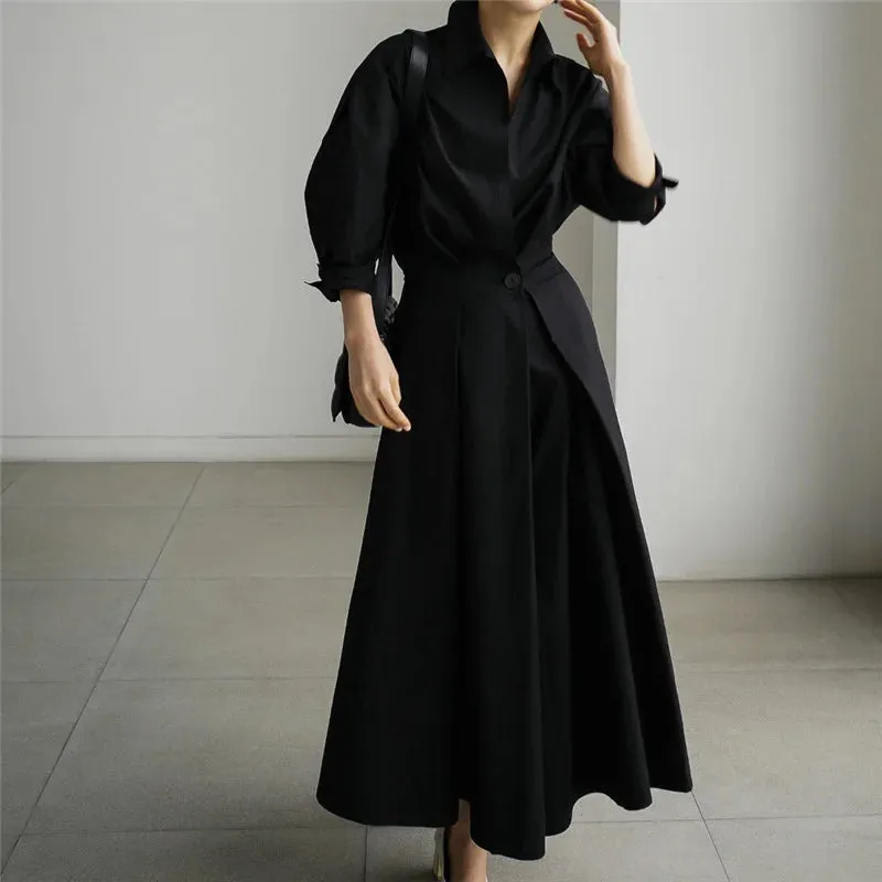 Women's Pleated Long Elegant Dress Turn Down Collar Long Sleeve Loose Fit Midi Dress