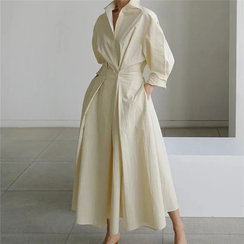 Women's Pleated Long Elegant Dress Turn Down Collar Long Sleeve Loose Fit Midi Dress