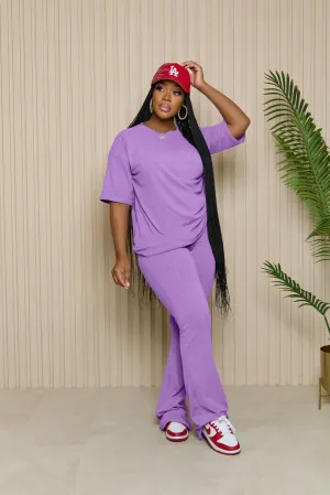 Womens Sets 2 Piece Outfits Casual Short Sleeve Top and Flare Pants Lounge Sets Tracksuit Purple L